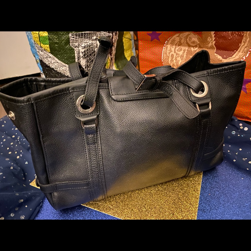LONGCHAMP MADE in FRANCE BLACK SILVER LEATHER SATCHEL Bag LUX RARE VNTG $ FIXED - Picture 5 of 8
